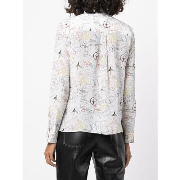 Alice + Olivia Willa Globe Trotter Travel Stamp Print Shirt Silk Top Postcard XS - Picture 2 of 7